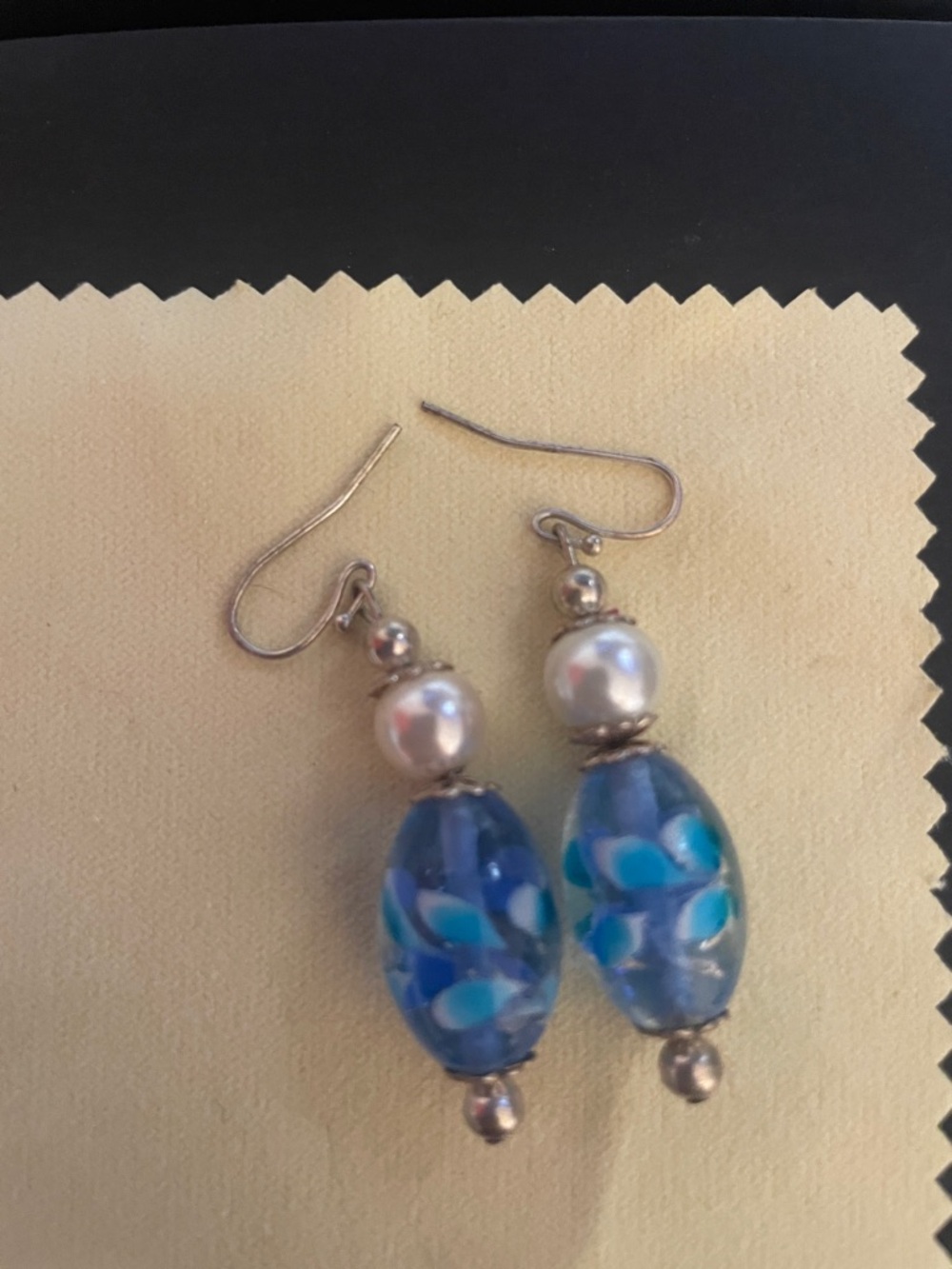 Handcrafted Blue Glass and Pearl Drop Earrings